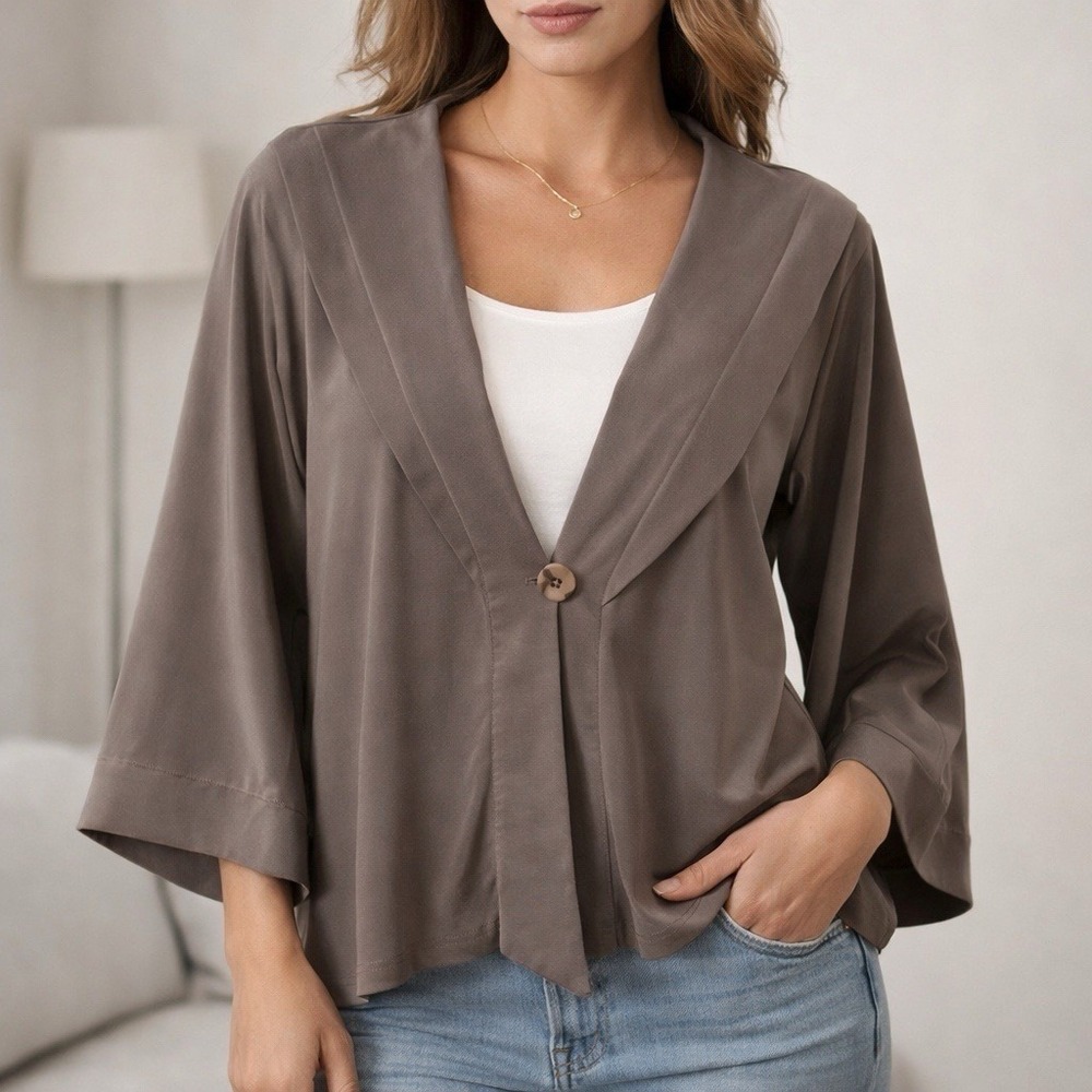 Sympli One Button Drape Cardigan‎ Womens Size 10 Olive Brown Bell Sleeve Slinky